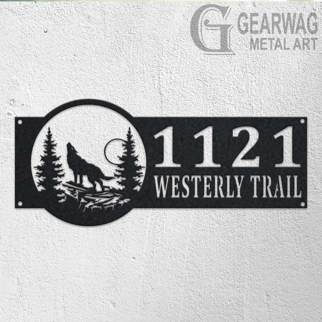 Personalized Wolf Metal Address Sign: House Number Plaque, Garden Stake ...