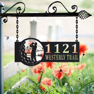 Personalized Male Golfer Metal Address Sign House Number Hanging Address Plaque Yard Sign, Outdoor Sign Garden Stake, Metal Address Sign