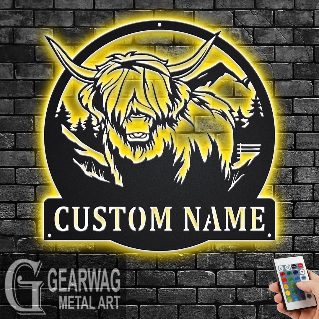 Custom Highland Cow Metal Wall Art With LED Light, Personalized ...