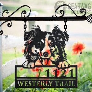 Personalized Australian Shepherd Dog Metal Address Sign House Number Hanging Address Plaque Yard Sign, Outdoor Sign Garden Stake