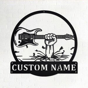 Benutzerdefinierte Hand hält E-Gitarre Metall Wandkunst, personalisierte E-Gitarre Namensschild Dekoration für Zimmer, E-Gitarre Wohnkultur