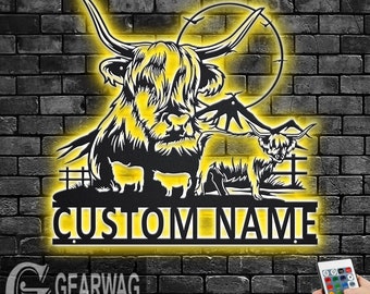 Custom Highland Cow Metal Wall Art with LED Lights