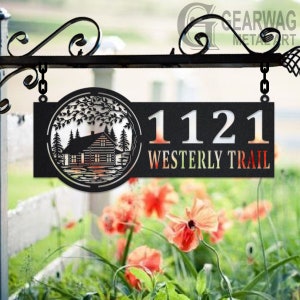 Personalized Wood Cabin Metal Address Sign House Number Hanging Address Plaque Yard Sign, Outdoor Sign Garden Stake, Address Name Metal Sign