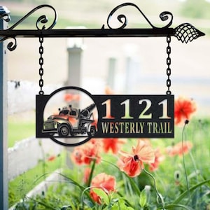 Gepersonaliseerde metalen adresbord sleepwagen adresbord huisnummer hangend adresplaquette tuinbord, bord buiten tuin paal, metalen adresbord