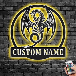 Custom Dragon Metal Wall Art With LED Light, Personalized Dragon Name Sign Decoration For Room, Dragon Metal LED Decor, Custom Dragon Sign