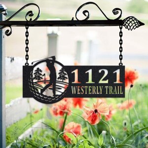 Personalized Male Golfer Metal Address Sign House Number Hanging Address Plaque Yard Sign, Outdoor Sign Garden Stake, Metal Address Sign