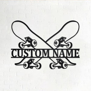 Arte de pared de metal con monopatín personalizado, letrero con nombre de patinador personalizado para decoración de habitación, decoración de metal con monopatín para el hogar, monopatín personalizado