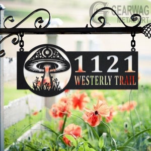 Personalized Mushroom Metal Address Sign House Number Hanging Address Plaque Yard Sign, Outdoor Sign Garden Stake, Address Name Sign