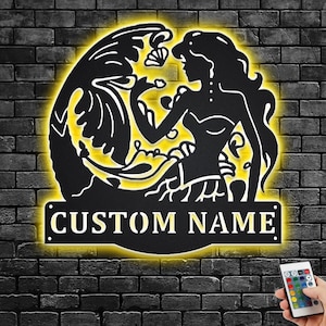 Custom Mermaid Metal Wall Art With LED Light, Personalized Mermaid Name Sign Decoration For Room, Mermaid Metal Home Decor, Custom Mermaid
