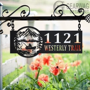 Personalized Boat Fishing Metal Address Sign House Number Hanging Address Plaque Yard Sign, Outdoor Sign Garden Stake, Custom Address Sign