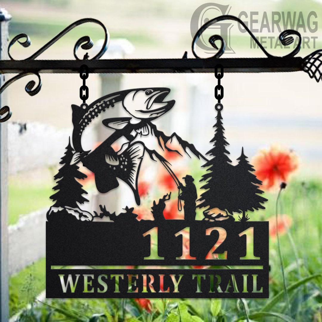 Personalized Metal Fishing Address Sign: Hanging House Number Plaque - Etsy