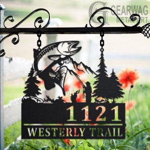 Personalized Fisher Metal Address Sign House Number Hanging Address Plaque Yard Sign, Outdoor Sign Garden Stake, Custom Address Sign