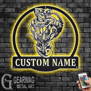 Custom Floral Chameleon Metal Wall Art With LED Light, Personalized Chameleon Name Sign Decoration For Room, Chameleon Metal LED Decor