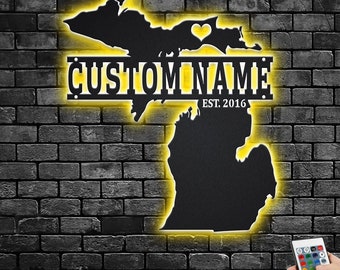 Custom Michigan Map Metal Wall Art With Led Light, Personalized Michigan State Name Sign Decoration For Room, Born In Michigan LED Decor