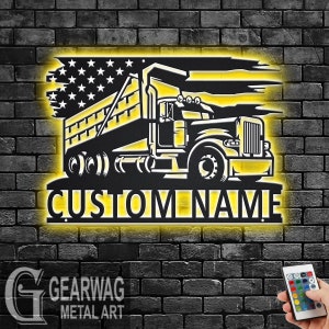 Custom US Dump Truck Metal Wall Art With LED Light, Personalized Dump Trucker Name Sign Decoration For Room, Us Dump Truck Metal LED Decor