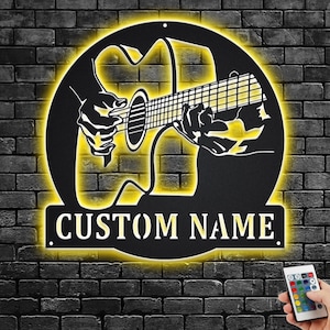 Custom Acoustic Guitar Metal Wall Art With LED Light, Personalized Guitarist Name Sign Decoration For Room, Firefighter Metal LED Decor
