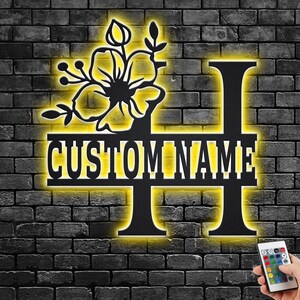 Custom Floral Alphabet H Metal Wall Art With Led Light, Personalized Alphabet Family Name Sign Decoration For Room,Last Name Metal LED Decor