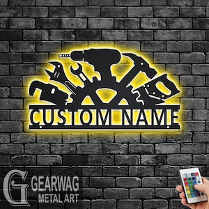 Custom Handyman Metal Wall Art With LED Light, Personalized Workshop Name Sign Decoration For Room, Handyman Metal LED Decor, Dad Workshop