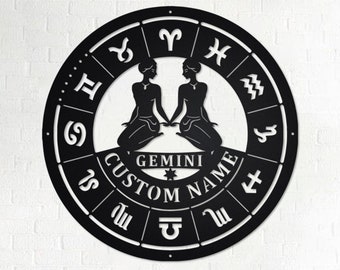 Arte de pared metálico personalizado del zodiaco Géminis: Decoración personalizada del horóscopo