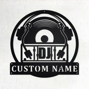 Niestandardowy gramofon muzyczny, metalowa sztuka ścienna, spersonalizowany znak z nazwą DJ-a, dekoracja pokoju, wystrój domu DJ-a, niestandardowy DJ