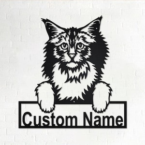 Arte de pared de metal personalizado con diseño de gato del bosque noruego, letrero con nombre personalizado para decoración de habitación, decoración del hogar con diseño de gato del bosque noruego