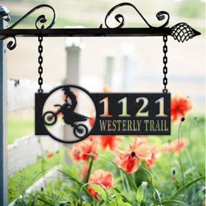 Gepersonaliseerde metalen adresbord voor crossmotor huisnummer hangend adresplaquette tuinbord, bord buiten tuinpaal, metalen adresbord