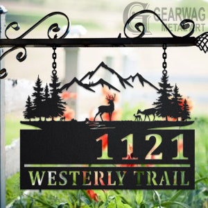 Custom Deer Family Mountain Metal Address Sign House number Hanging Address Plaque Yard Sign, Outdoor Sign Garden Stake, Custom Address Sign