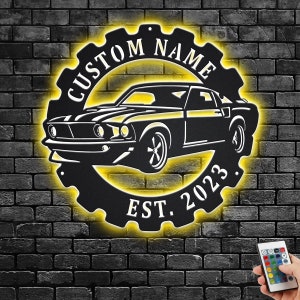 Custom Sports Car Metal Wall Art With LED Light, Personalized Car Garage Name Sign Decoration For Room, Sports Car Metal LED Decor