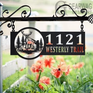 Personalized Deer Hunter Metal Address Sign House Number Hanging Address Plaque Yard Sign, Outdoor Sign Garden Stake, Custom Address Sign
