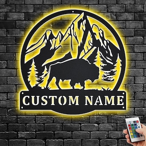 Custom Bison Metal Wall Art With LED Light, Personalized Bison Name Sign Decoration For Room, Bison Metal Home Decor, Custom Bison, Bison