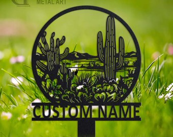 May include: Black metal silhouette of a desert scene with cacti and mountains in a circle with the text "CUSTOM NAME" below.