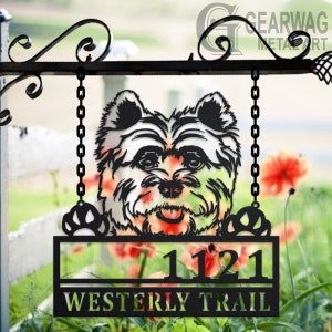 Personalized Cairn Terrier Dog Metal Address Sign House Number Hanging Address Plaque Yard Sign, Outdoor Sign Garden Stake,Address Name Sign