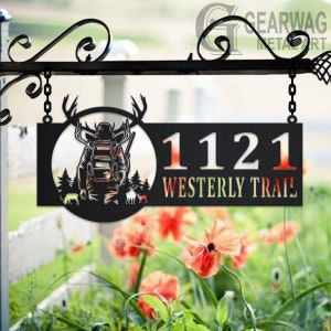 Personalized Deer Hunter Metal Address Sign House Number Hanging Address Plaque Yard Sign, Outdoor Sign Garden Stake, Custom Address Sign