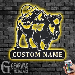 Custom Bison Metal Wall Art With LED Light, Personalized Bison Name Sign Decoration For Room, Bison Metal LED Decor, Custom Bison Name Sign