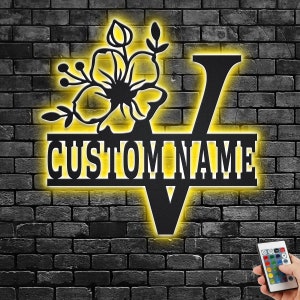 Custom Floral Alphabet V Metal Wall Art With Led Light, Personalized Alphabet Family Name Sign Decoration For Room,Last Name Metal LED Decor