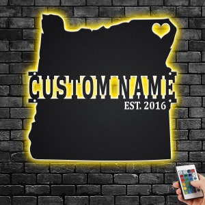 Custom Oregon Map Metal Wall Art With Led Light, Personalized Oregon State Name Sign Decoration For Room, Born In Oregon Metal LED Decor
