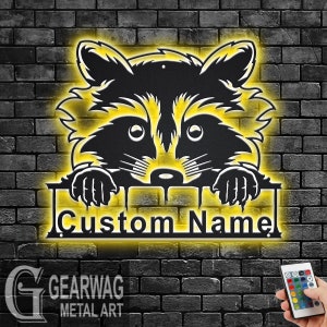 Custom Raccoon Metal Wall Art With LED Light, Personalized Raccoon Name Sign Decoration For Room, Raccoon Metal LED Decor, Custom Raccoon