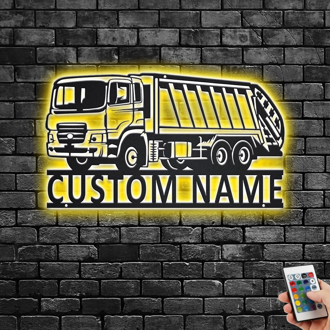 Custom Garbage Truck Metal Wall Art With LED Light, Personalized