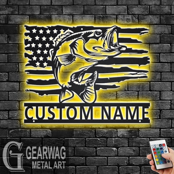 Custom US Bass Fish Metal Wall Art With LED Light, Personalized