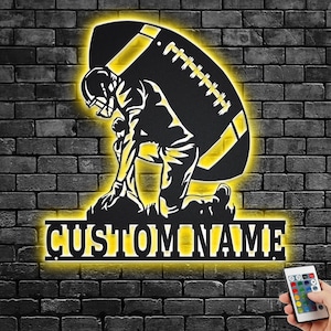 Custom Football Player Metal Wall Art With Led Light, Personalized Football Player Name Sign Decoration For Room, Football Metal LED Decor