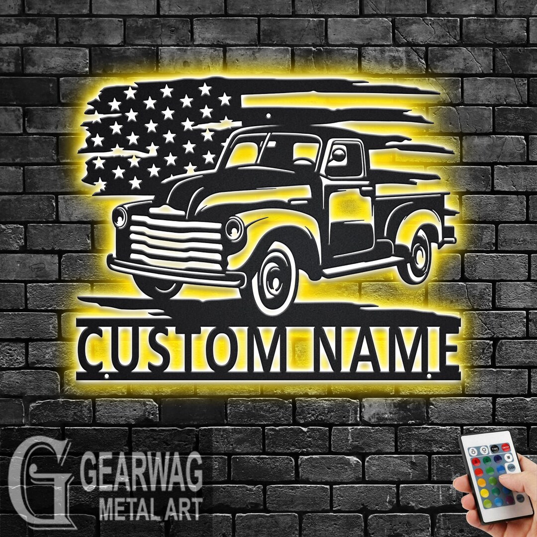 Custom US Vintage Truck Metal Wall Art With LED Light, Personalized
