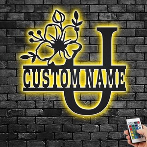 Custom Floral Alphabet U Metal Wall Art With Led Light, Personalized Alphabet Family Name Sign Decoration For Room,Last Name Metal LED Decor