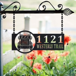 Gepersonaliseerd metalen adresbord semi-vrachtwagen huisnummer hangend adresplaquette tuinbord, bord buiten tuinpaal, metalen adresbord