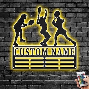 Custom Tennis Female Medal Holder LED Light, Personalized Tennis Player Name Medal Hanger, Tennis Medal Display Awards Sign, Custom Tennis