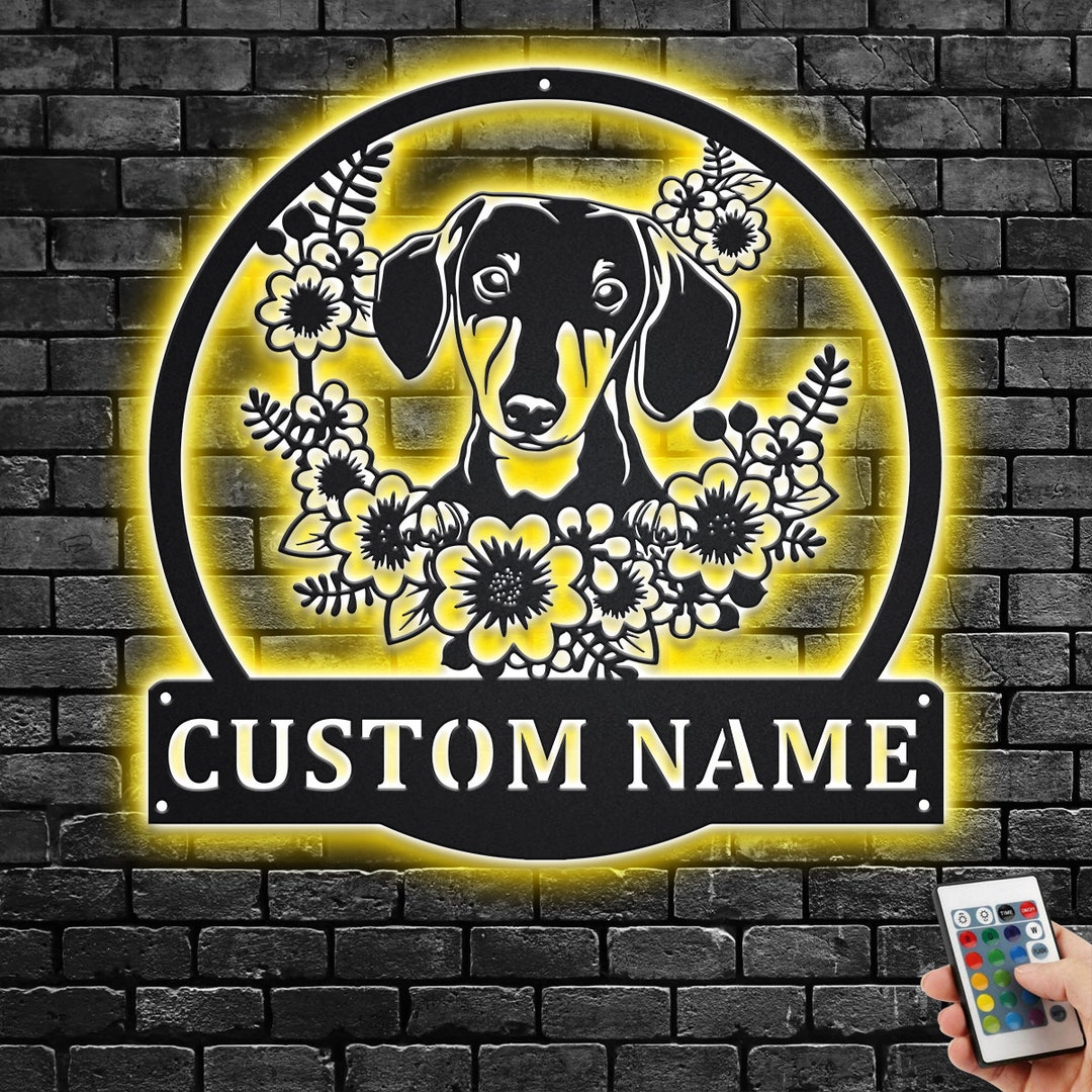 Custom Floral Dachshund Metal Wall Art With LED Light, Personalized