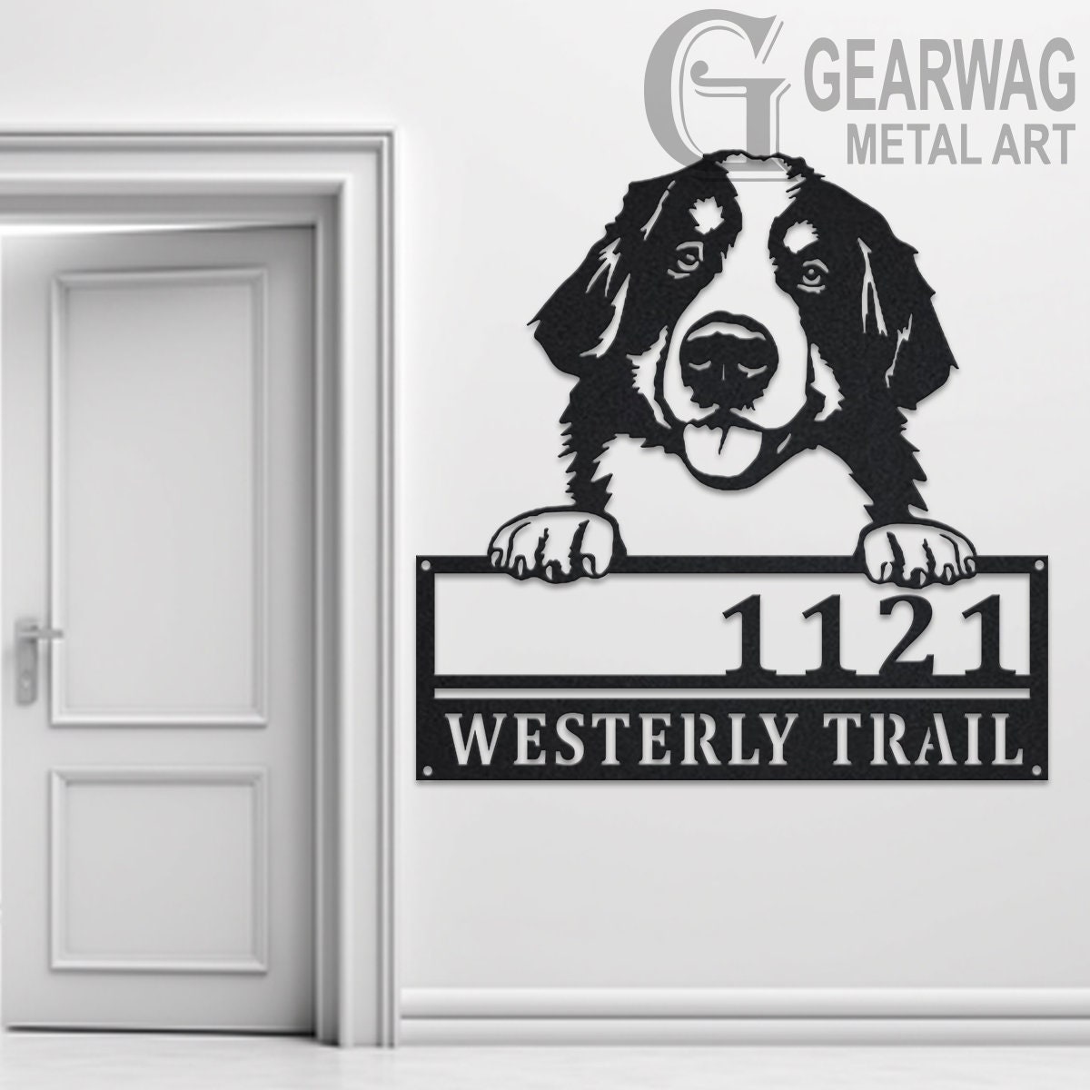 Personalized Dog House Number Sign – Custom Address Plaque With Bernese Mountain Dog Silhouette, Vertical Metal Sign For Yard, Porch, Fence & Garden Decor
