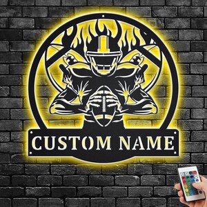 Custom Football Player Metal Wall Art With Led Light, Personalized Football Player Name Sign Decoration For Room, Football Metal LED Decor