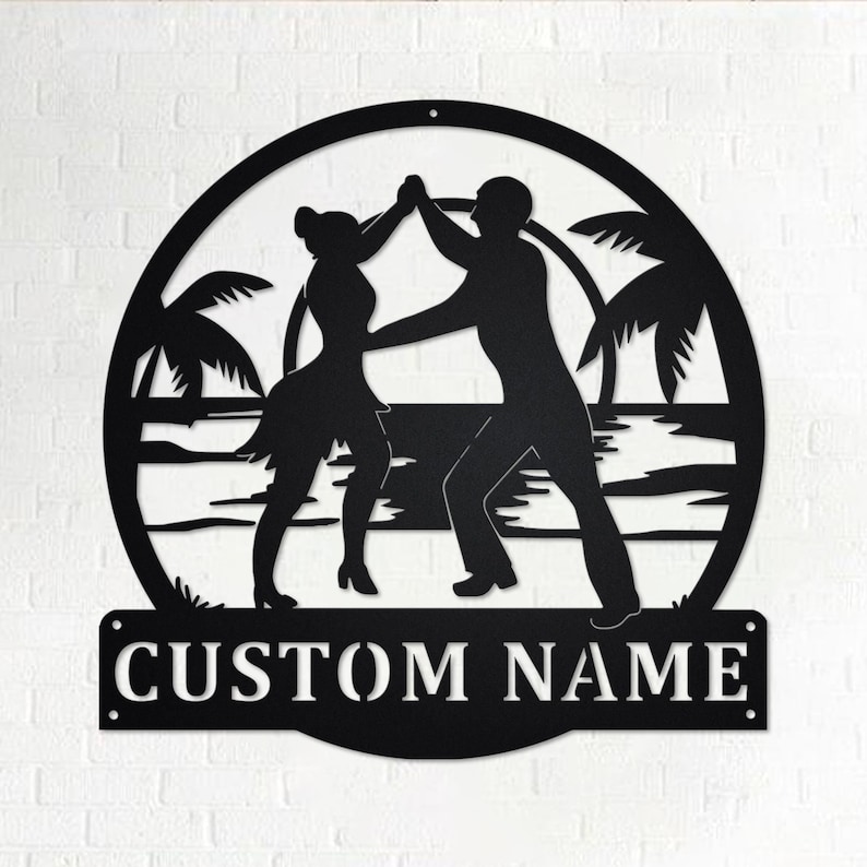 May include: Black metal silhouette of a couple dancing on a beach with palm trees in the background. The silhouette is in a circle with the text "CUSTOM NAME" below it.