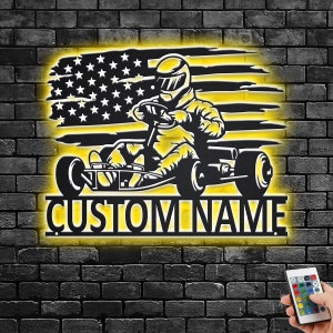 Custom US Go Kart Riding Metal Wall Art With LED Light, Personalized Go Kart Ridier Name Sign Decoration For Room, Go Kart Metal LED Decor