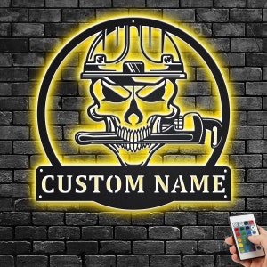 Custom Skull Plumber Metal Wall Art With LED Light, Personalized Plumber Name Sign Decoration For Room, Plumbing Metal Home Decor, Plumber